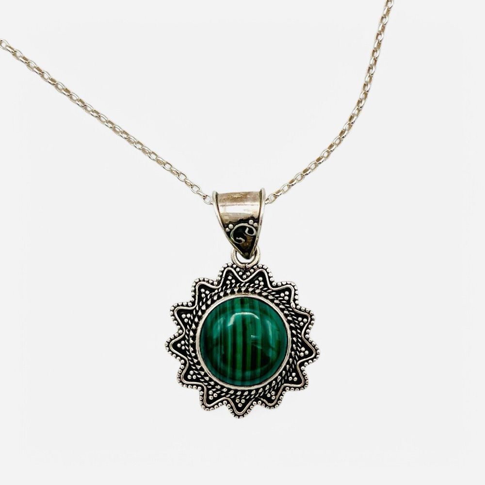 Sterling Silver Malachite Sun Pendant Necklace Green  20" 11.53g‎ Star